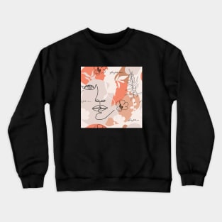 Terracotta background. One line continuous woman face, flowers, leaves and various shapes. Crewneck Sweatshirt